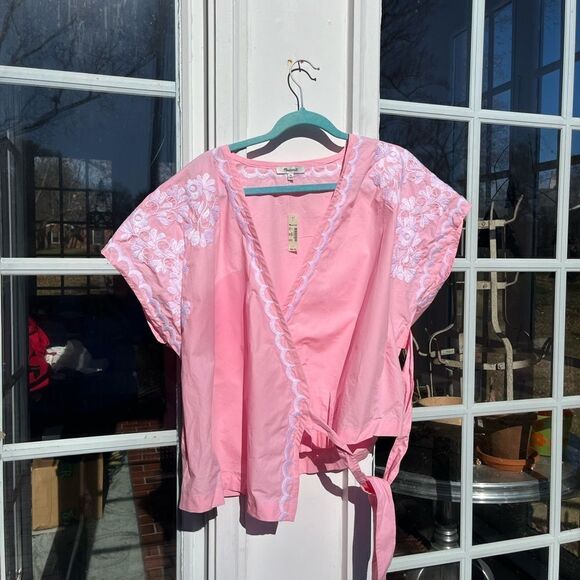 Madewell Pink Wrap Blouse with White Embroidery - Picture 4 of 12